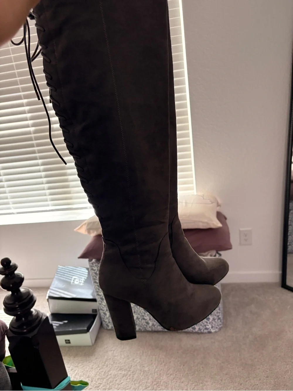 Over-the-Knee Suede Boots - Gray